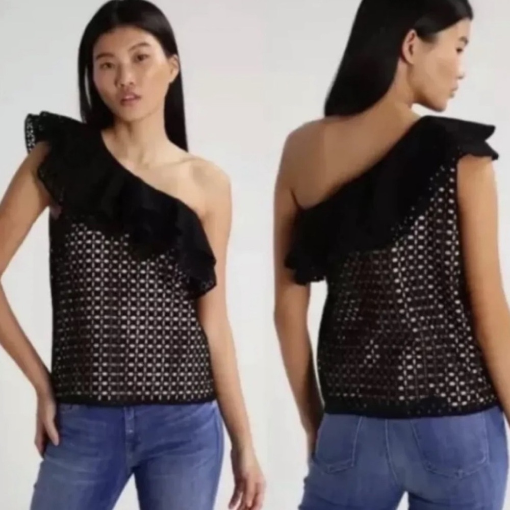 J.CREW One Shoulder Eyelet Black Nude Lining Ruffle Top size 0 Excellent